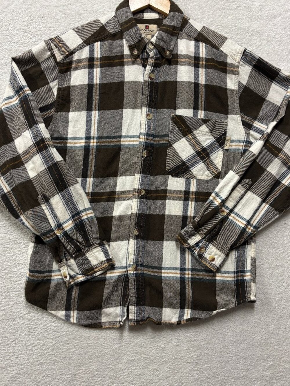 Woolrich Mens Flannel Shirt Medium Brown Plaid Cotton Button Down Long Sleeve M